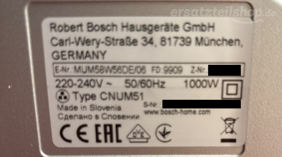 Typenschild Bosch MUM58W56DE/06