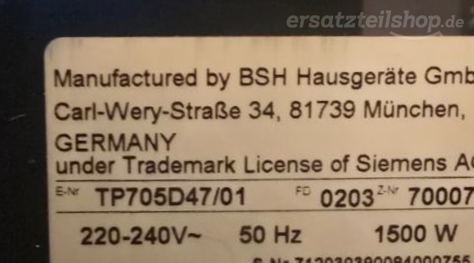 Typenschild Siemens TP705D47/01