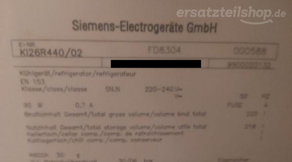Typenschild Siemens KI26R440/02