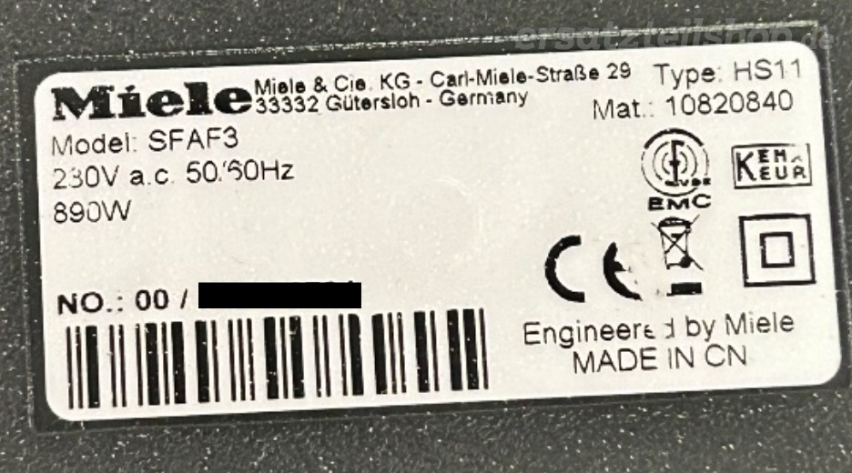Ersatzteile Miele SFAF3 SFAF3 Typenschild Miele SFAF3 SFAF3