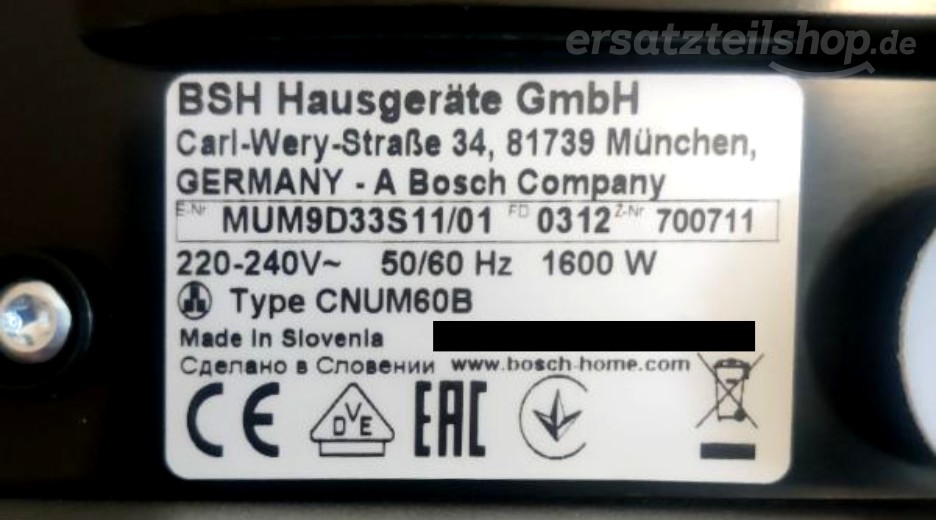 Typenschild Bosch MUM9D33S11/01