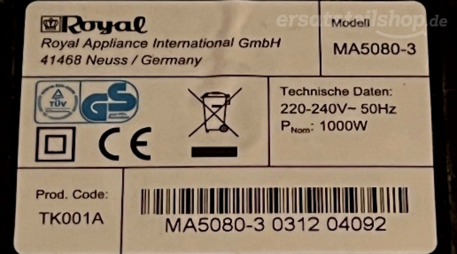 Typenschild Dirt Devil MA5080-3 EQU TurboSilence MA5080-3