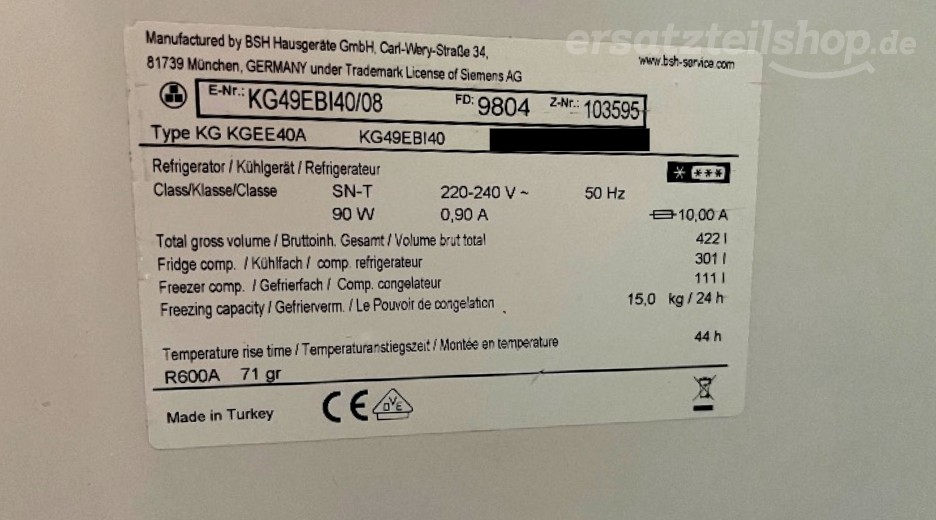 Typenschild Siemens KG49EBI40/08