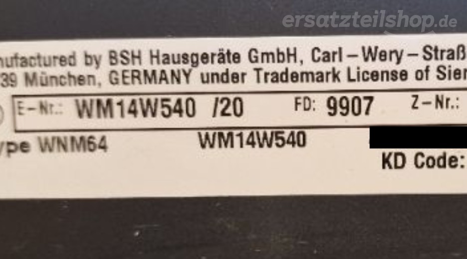 Typenschild Siemens WM14W540/20