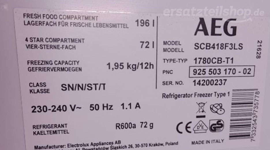 Typenschild AEG SCB418F3LS 92550317002