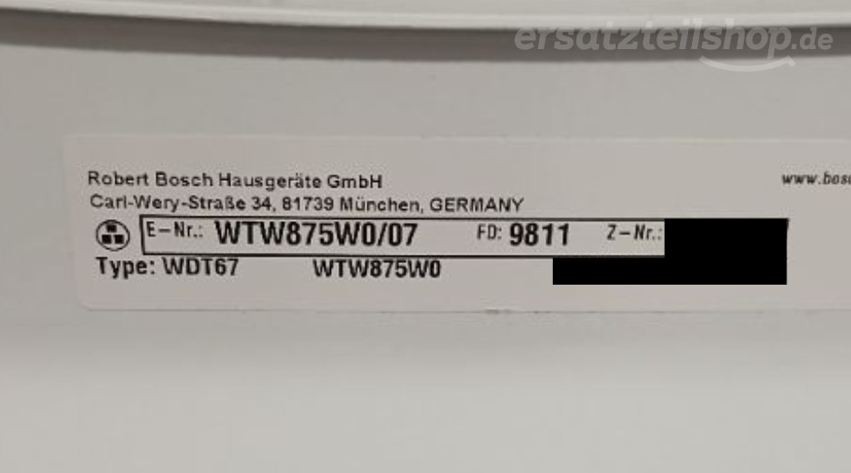 Typenschild Bosch WTW875W0/07