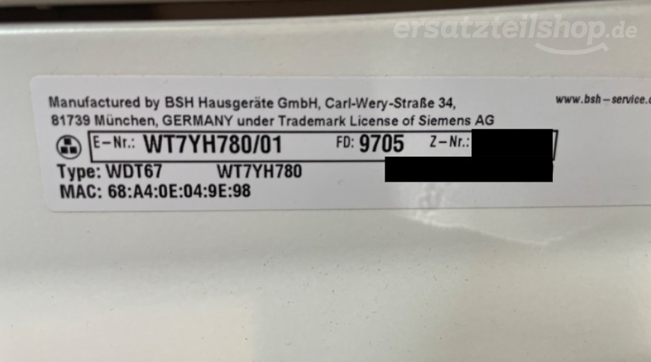 Typenschild Siemens WT7YH780/01