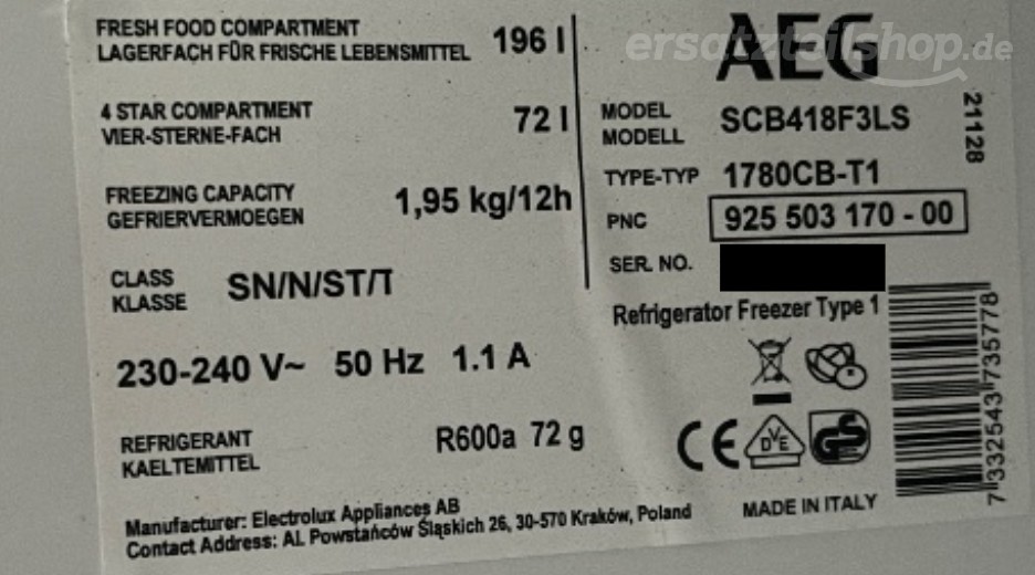Typenschild AEG SCB418F3LS 92550317000