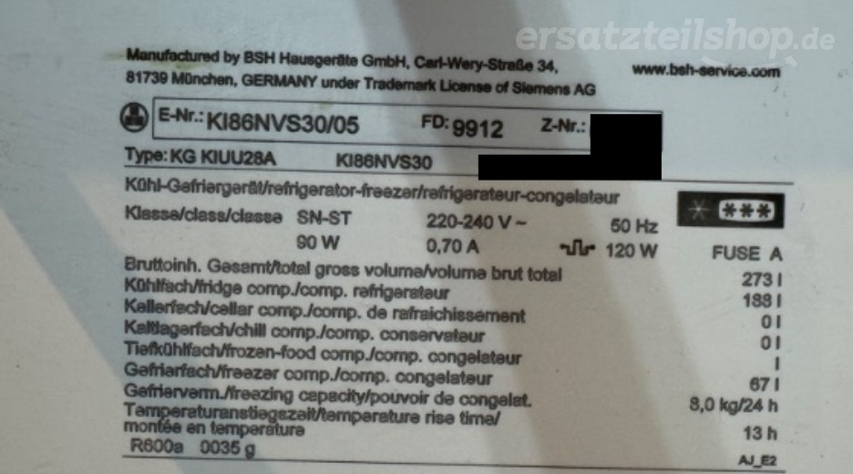 Typenschild Siemens KI86NVS30/05