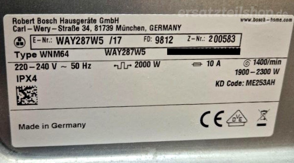 Typenschild Bosch WAY287W5/17