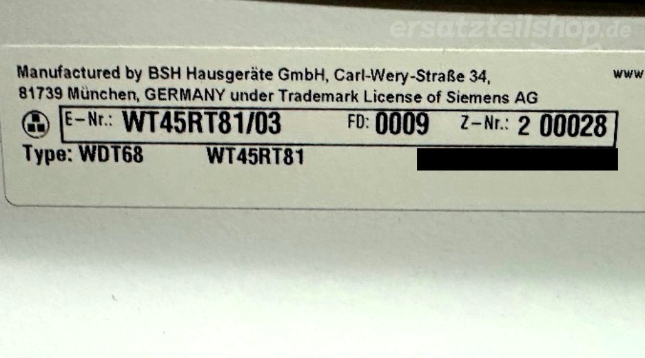 Typenschild Siemens WT45RT81/03