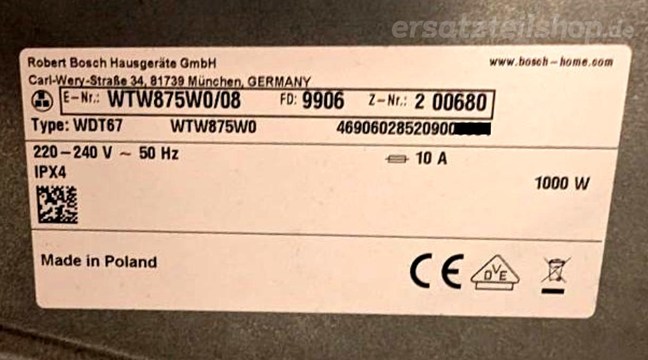 Typenschild Bosch WTW875W0/08