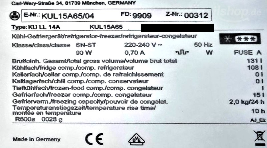 Typenschild Bosch KUL15A65/04