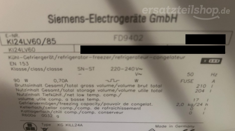 Typenschild Siemens KI24LV60/85