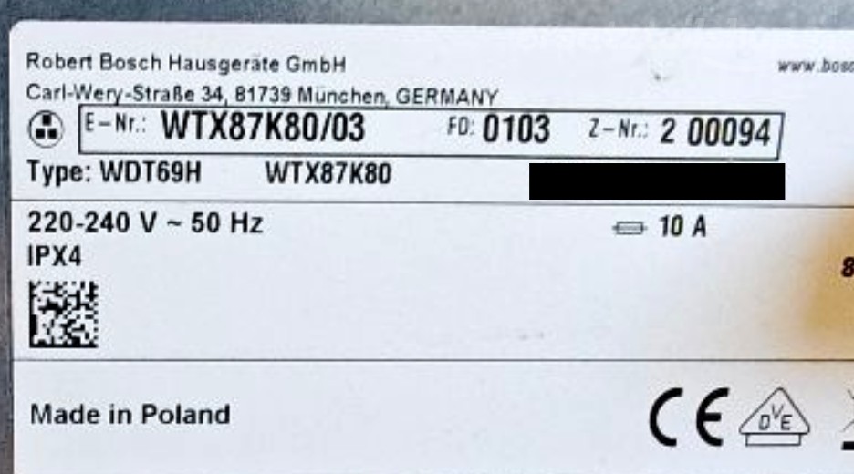 Typenschild Bosch Comet free WTX87K80/03