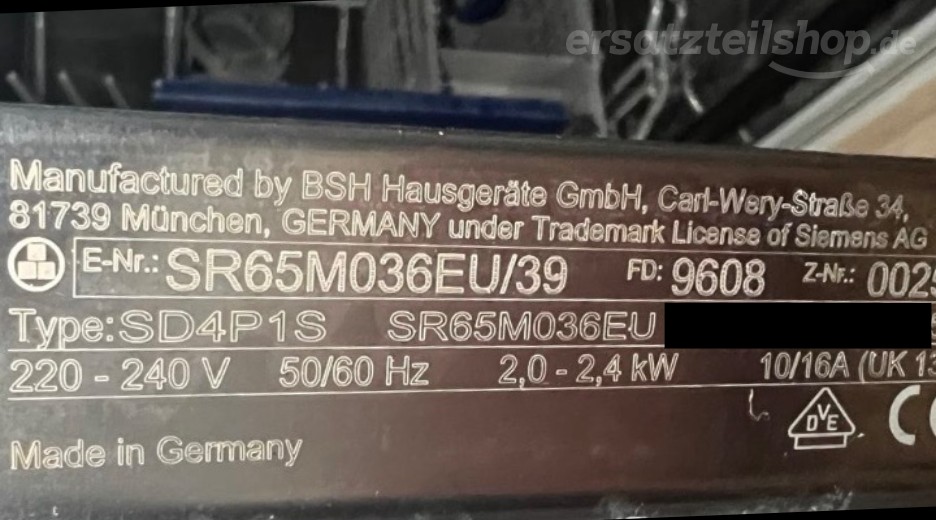 Typenschild Siemens SR65M036EU/39