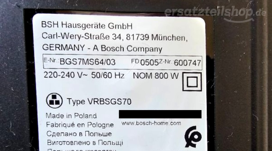 Typenschild Bosch PARKETT&CO 4000 el.bluemet. BGS7MS64/03