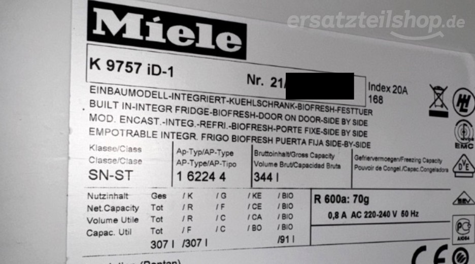 Typenschild Miele K 9757 iD-1 K9757ID-1