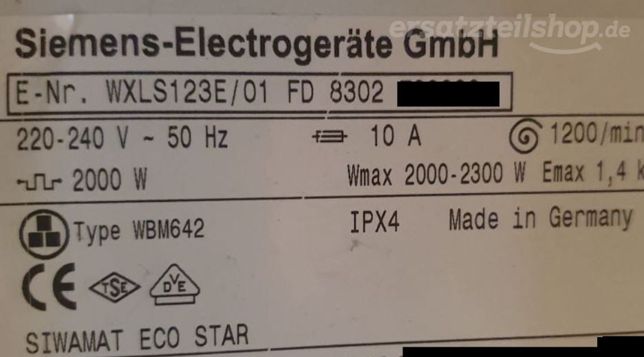 Typenschild Siemens EcoStar WXLS123E/01
