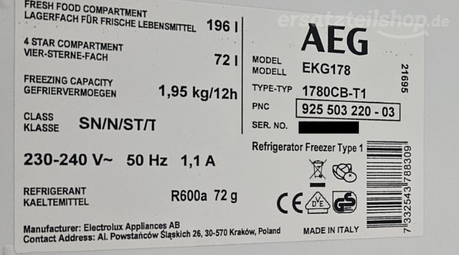 Typenschild AEG EKG178 92550322003