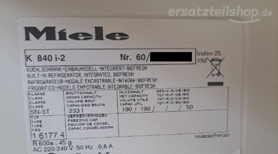 Typenschild Miele K 840 i-2 K840I-2
