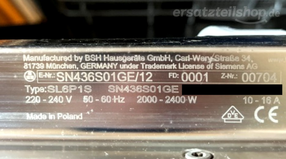 Typenschild Siemens SN436S01GE/12