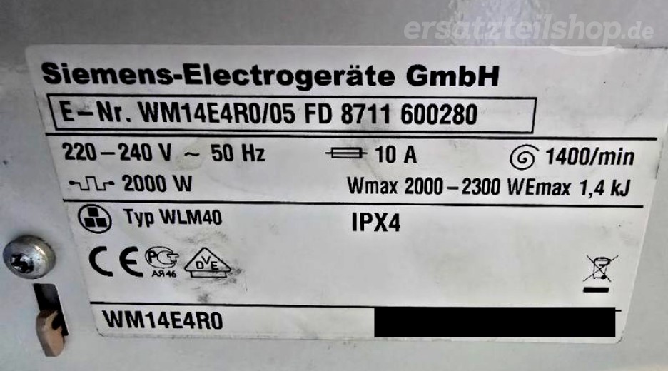 Typenschild Siemens E 14-4 R WM14E4R0/05