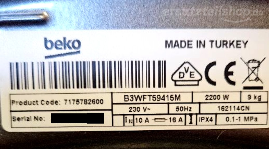 Typenschild Beko B3WFT59415M BEKO 7175782600