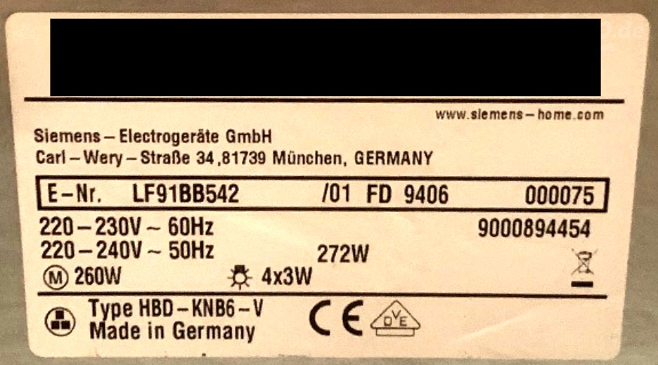 Typenschild Siemens LF91BB542/01