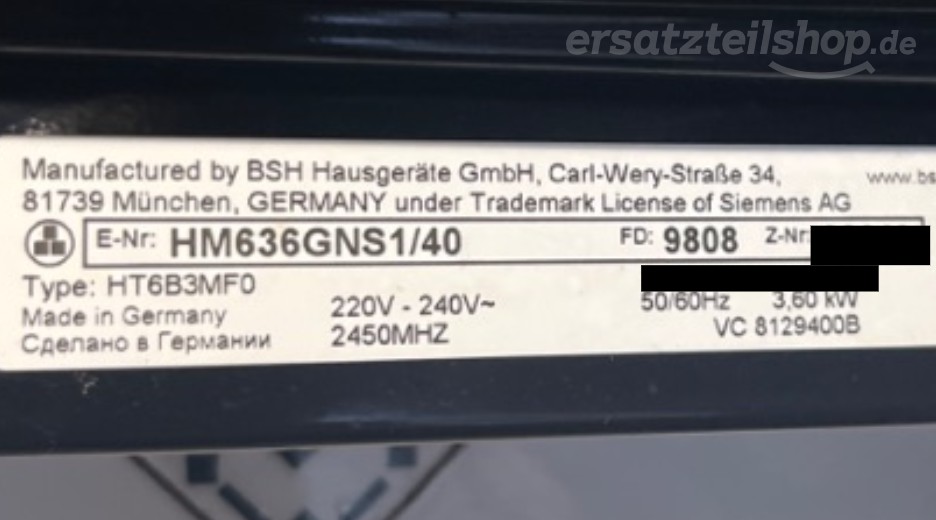 Typenschild Siemens HM636GNS1/40