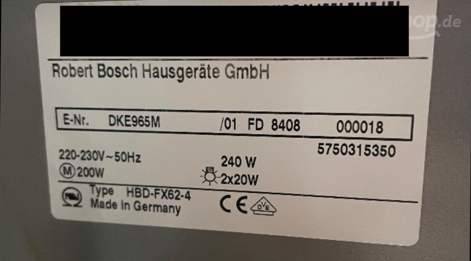 Typenschild Bosch DKE965M/01
