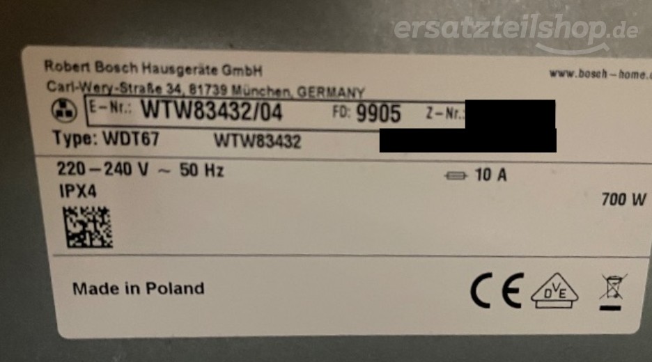 Typenschild Bosch WTW83432/04