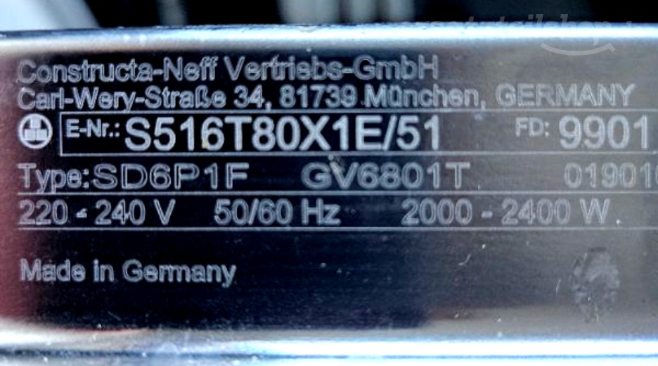 Typenschild Neff S516T80X1E/51