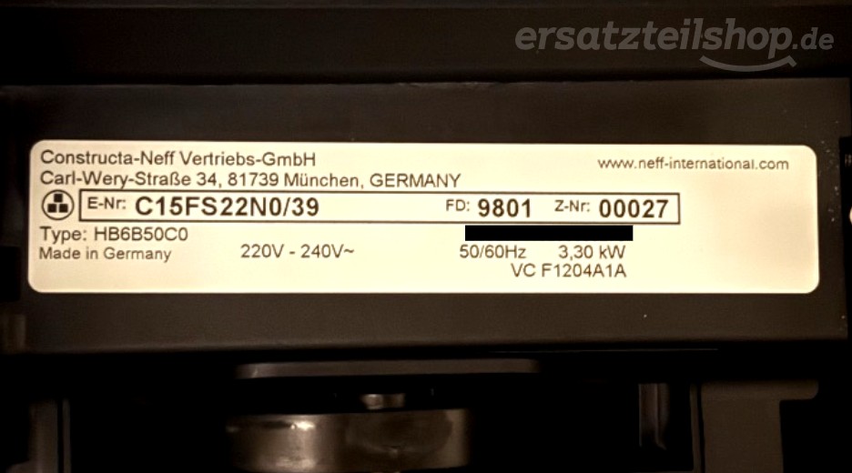 Typenschild Neff C15FS22N0/39