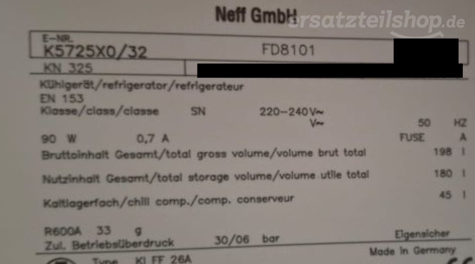 Typenschild Neff KN 325 K5725X0/32