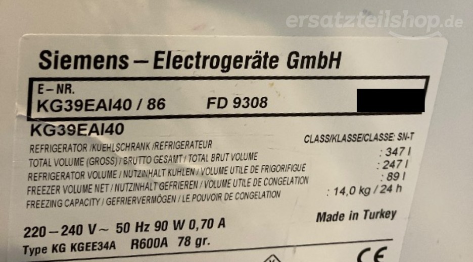 Typenschild Siemens KG39EAI40/86