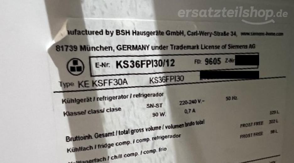 Typenschild Siemens KS36FPI30/12