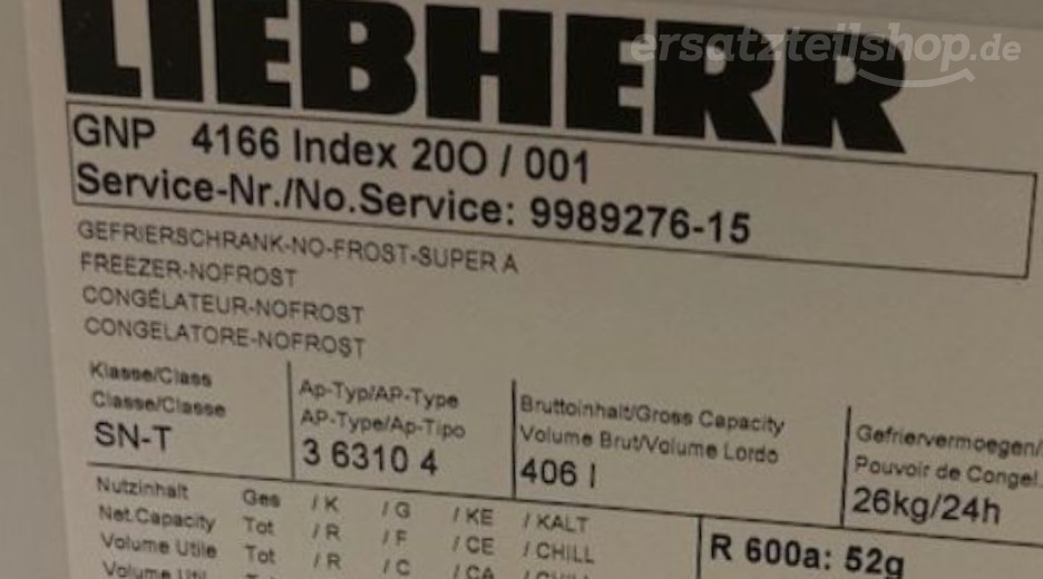 Typenschild Liebherr GNP 4166-20O 998927615
