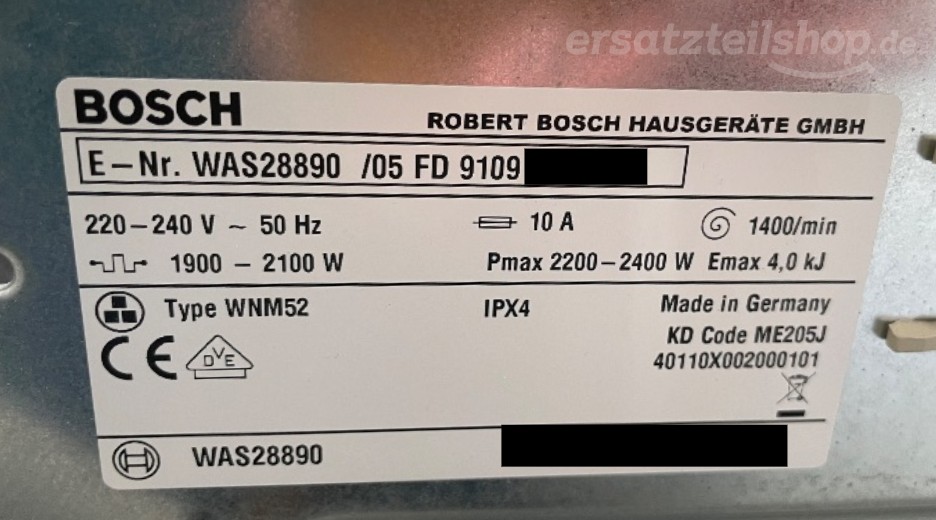 Typenschild Bosch WAS28890/05