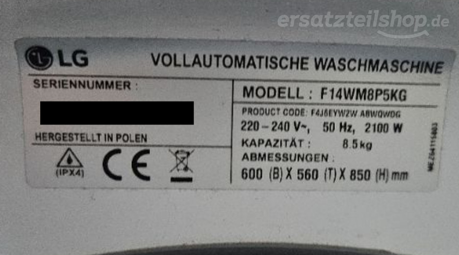 Typenschild LG F14WM8P5KG.ABWQWDG F14WM8P5KG.ABWQWDG