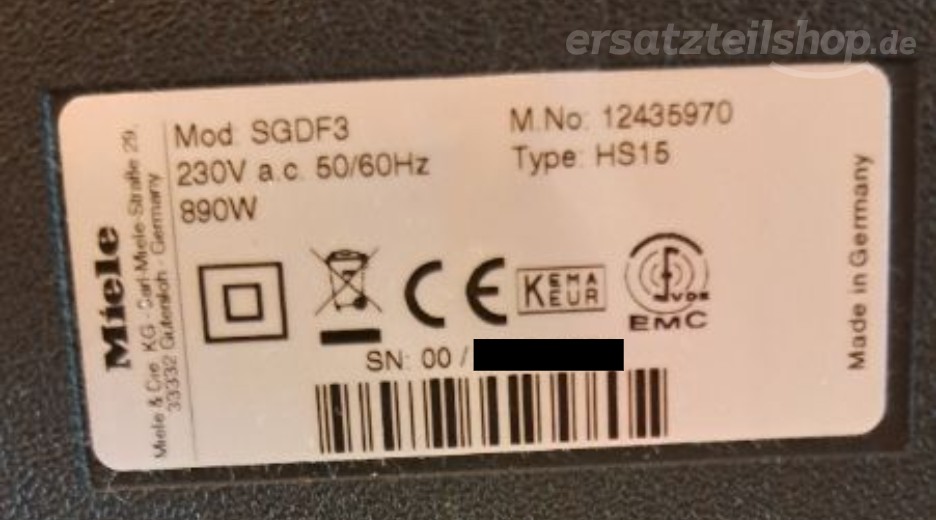 Ersatzteile Miele SGDF3 SGDF3 Typenschild Miele SGDF3 SGDF3