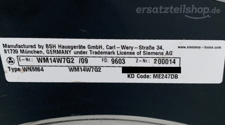 Typenschild Siemens WM14W7G2/09