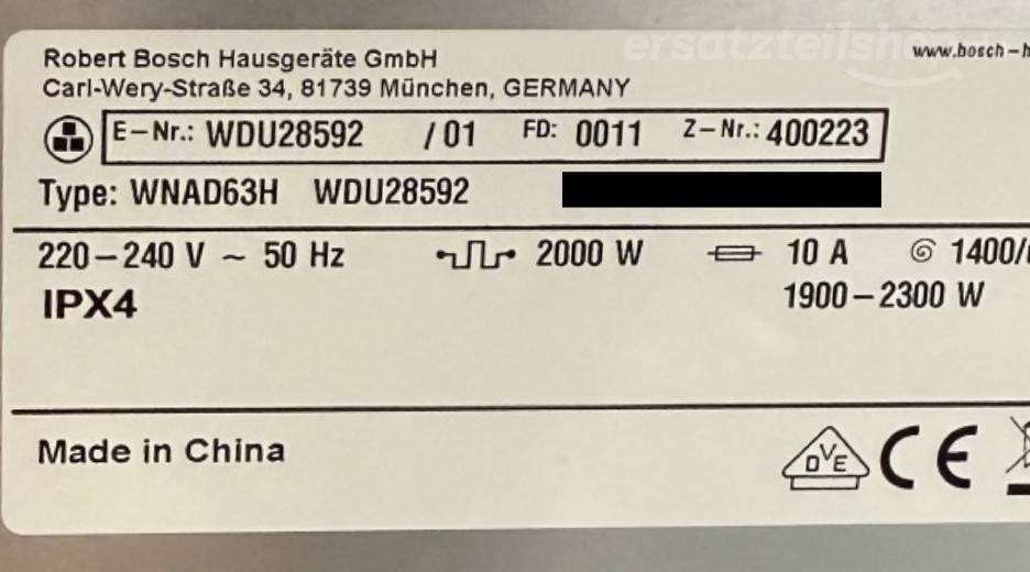 Typenschild Bosch WDU28592/01