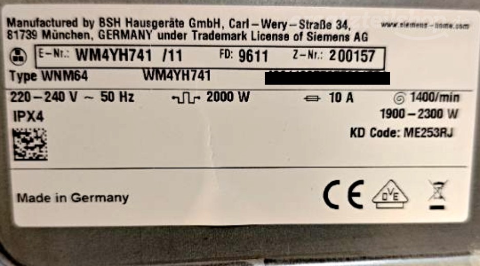 Typenschild Siemens WM4YH741/11