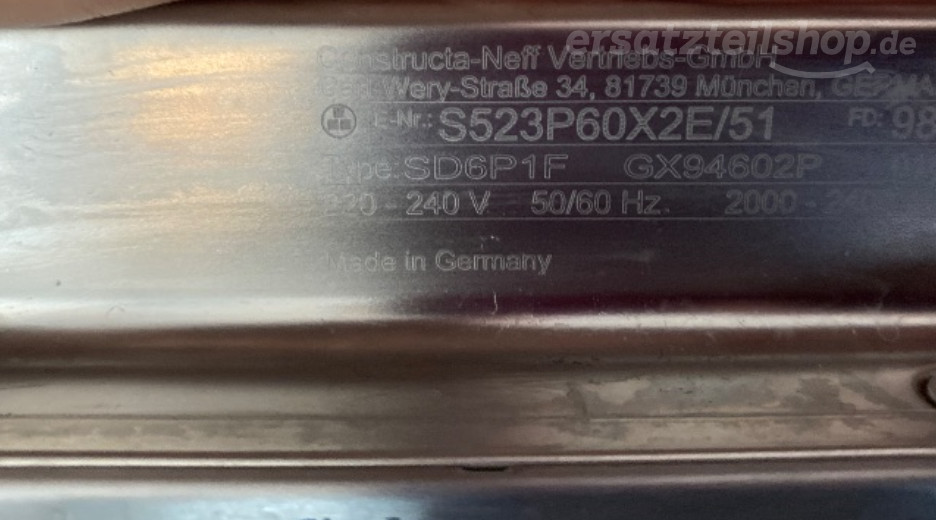 Typenschild Neff S523P60X2E/51