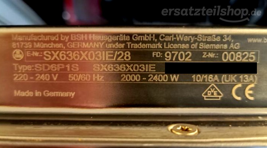 Typenschild Siemens SX636X03IE/28