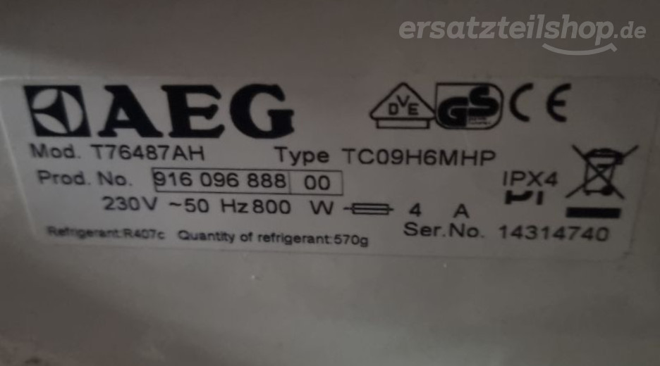 Typenschild AEG T76487AH 91609688800