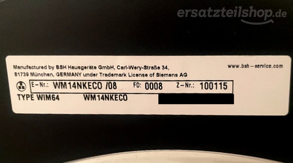 Typenschild Siemens WM14NKECO/08