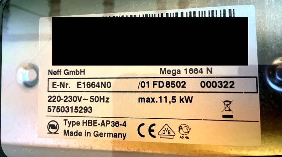 Typenschild Neff Mega 1664 N E1664N0/01