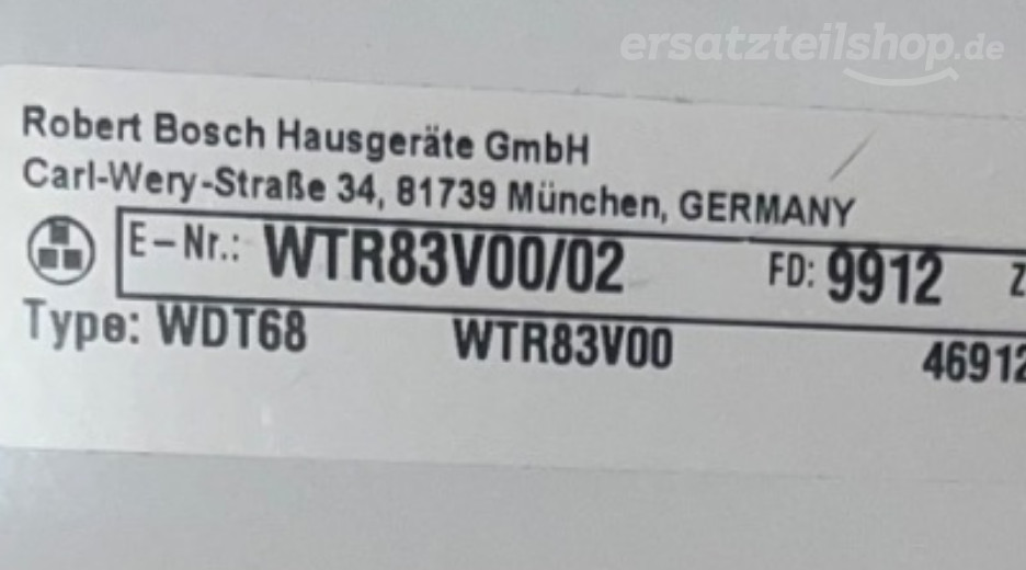 Typenschild Bosch WTR83V00/02